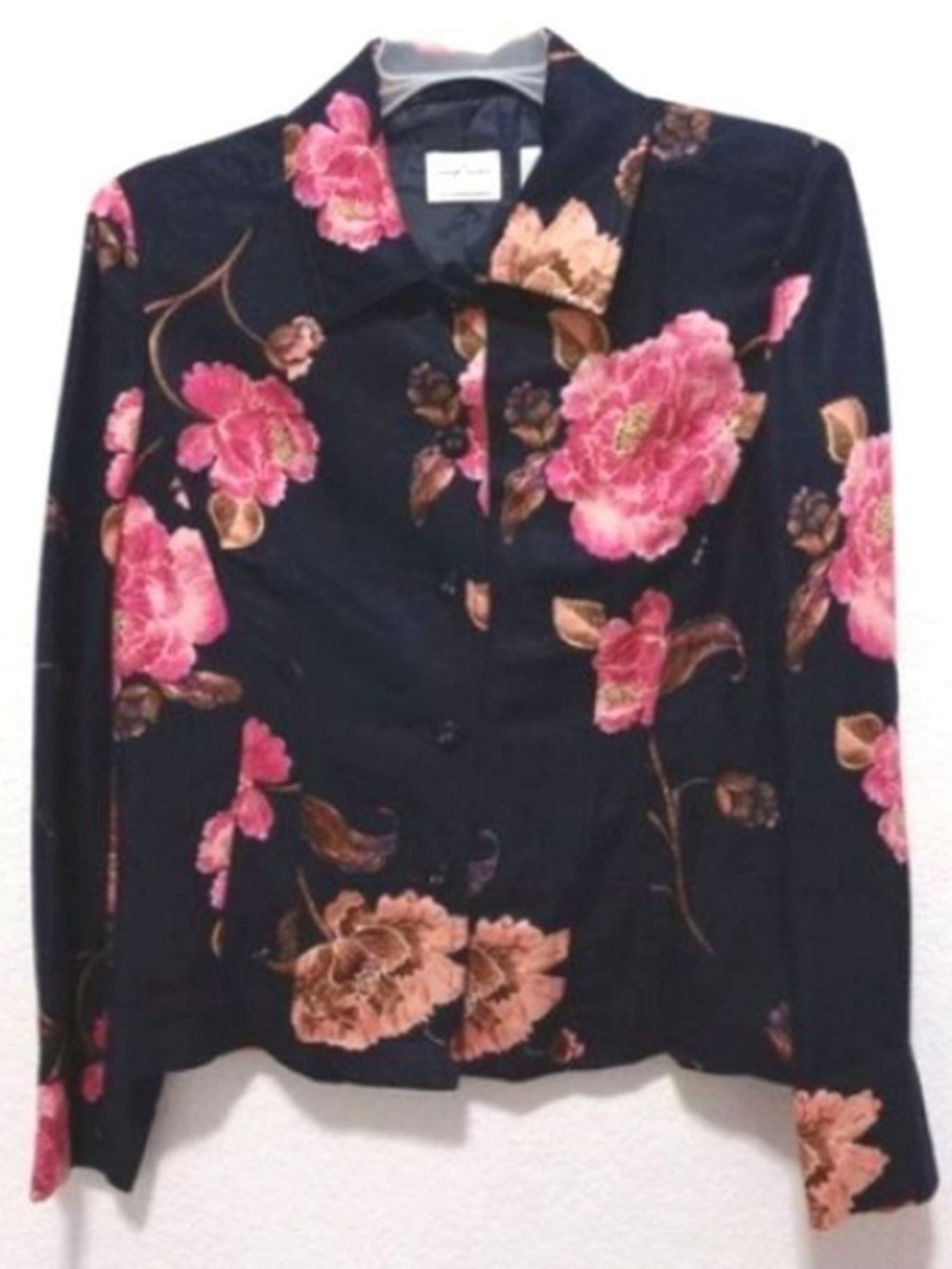 Emma James Navy Floral Button-Front Blazer with Pink & Peach Blooms, 18W